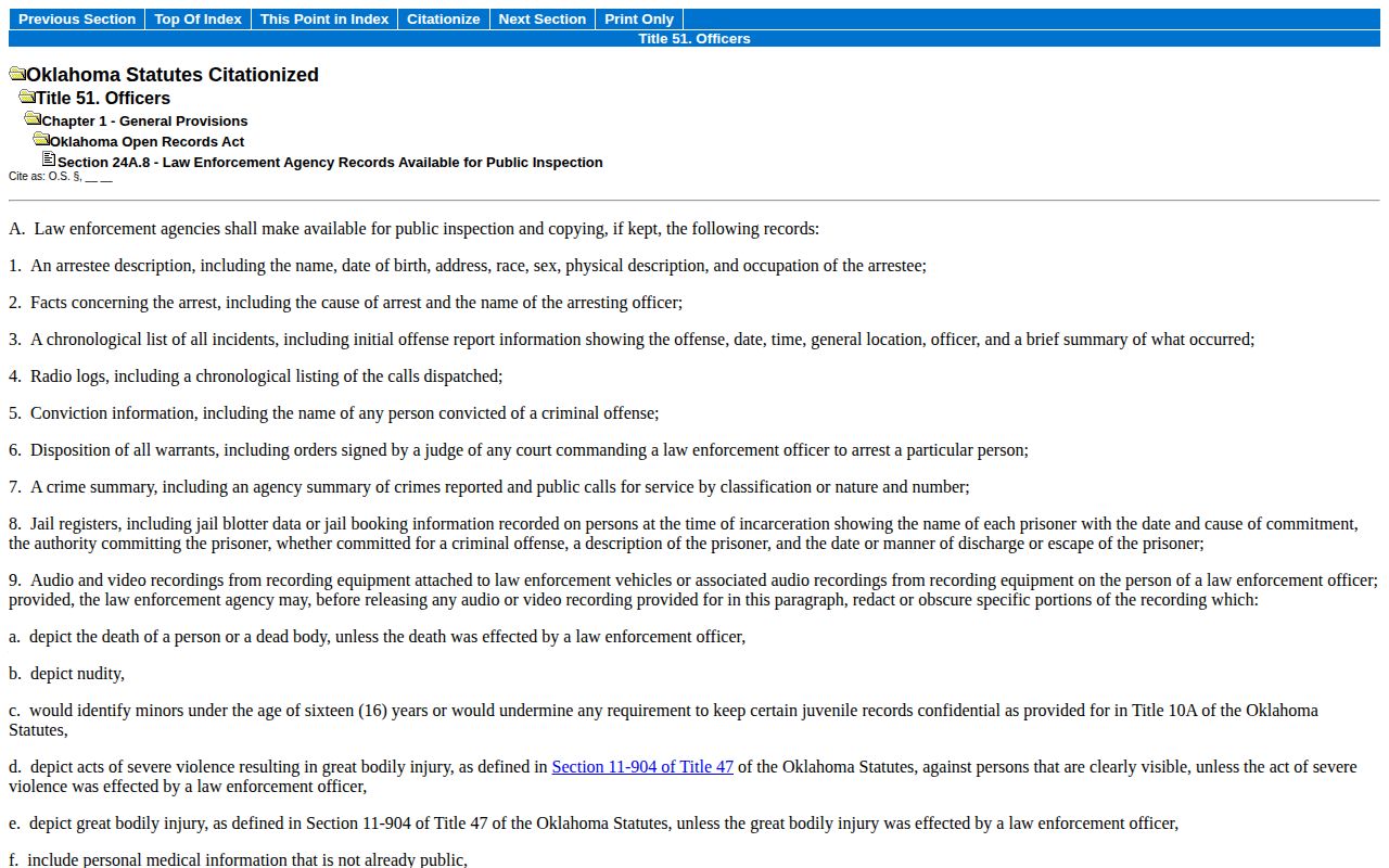 Oklahoma Open Records Act law-enforcement records provision for Carter County booking records
